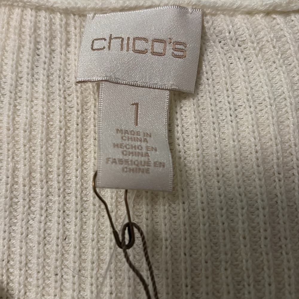 NWT Chico's V-Neck Crochet Front Sweater in Cream & Camel - Picture 2 of 4